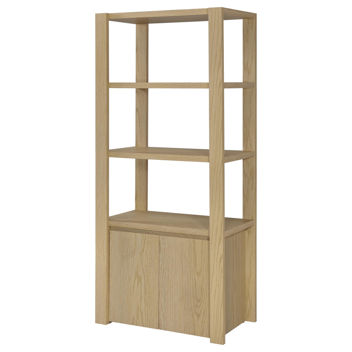 Laurelton 3-piece entertainment center in light oak centered, showing assembled TV stand and media towers