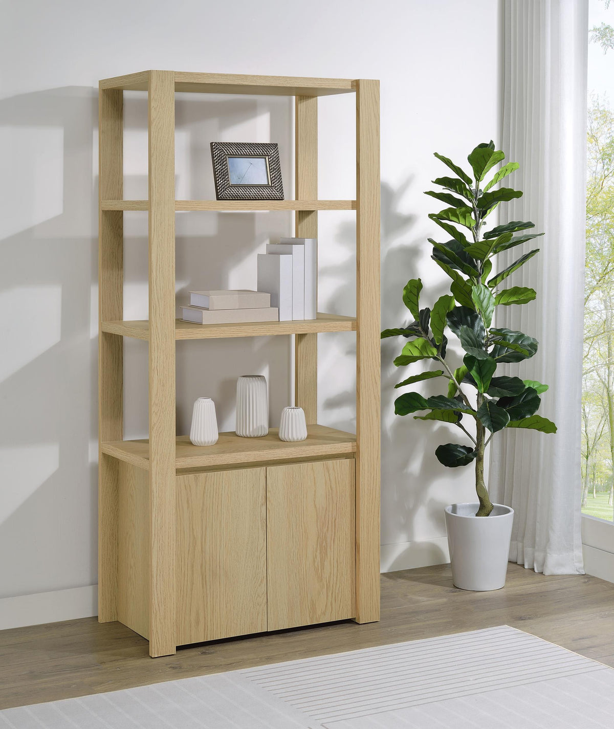 Laurelton 3-shelf tall media tower pier cabinet in light oak, front view