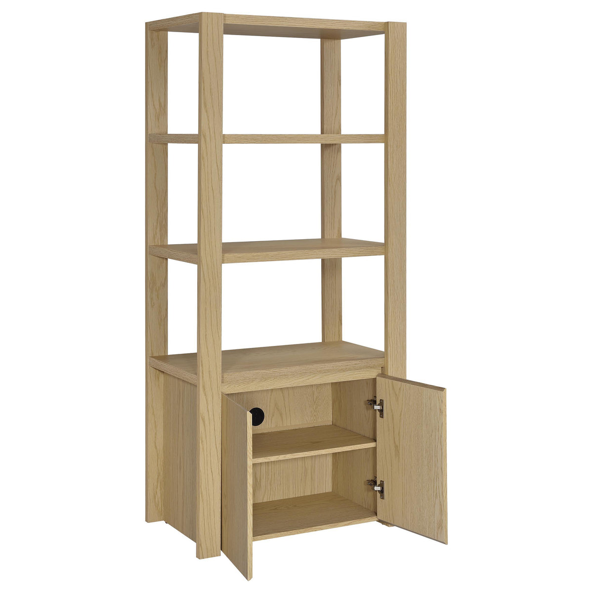 Laurelton 3-shelf tall media tower pier cabinet in light oak, front view