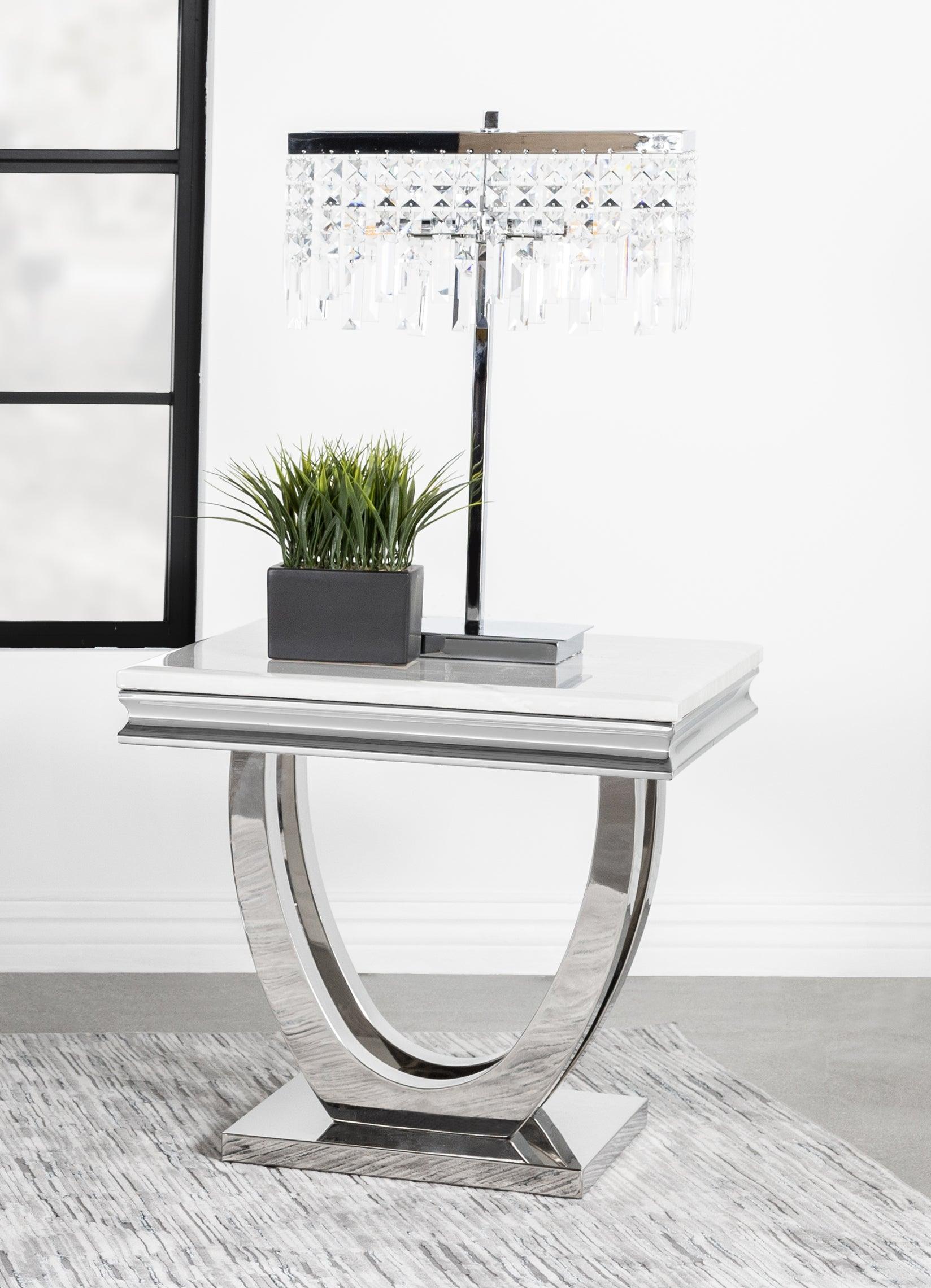 Adabella U-base square end table side angle showing polished chrome base