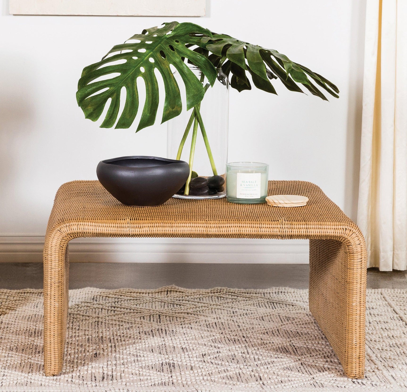 Juanita Square Rattan End Table Natural angled view highlighting metal frame and tabletop