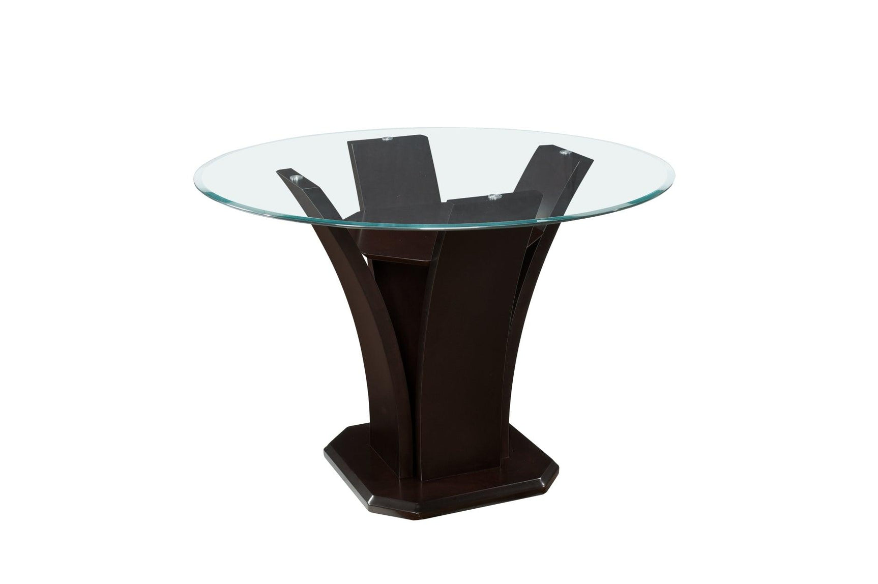 Daisy round dining table main view with espresso finish and faux leather seating