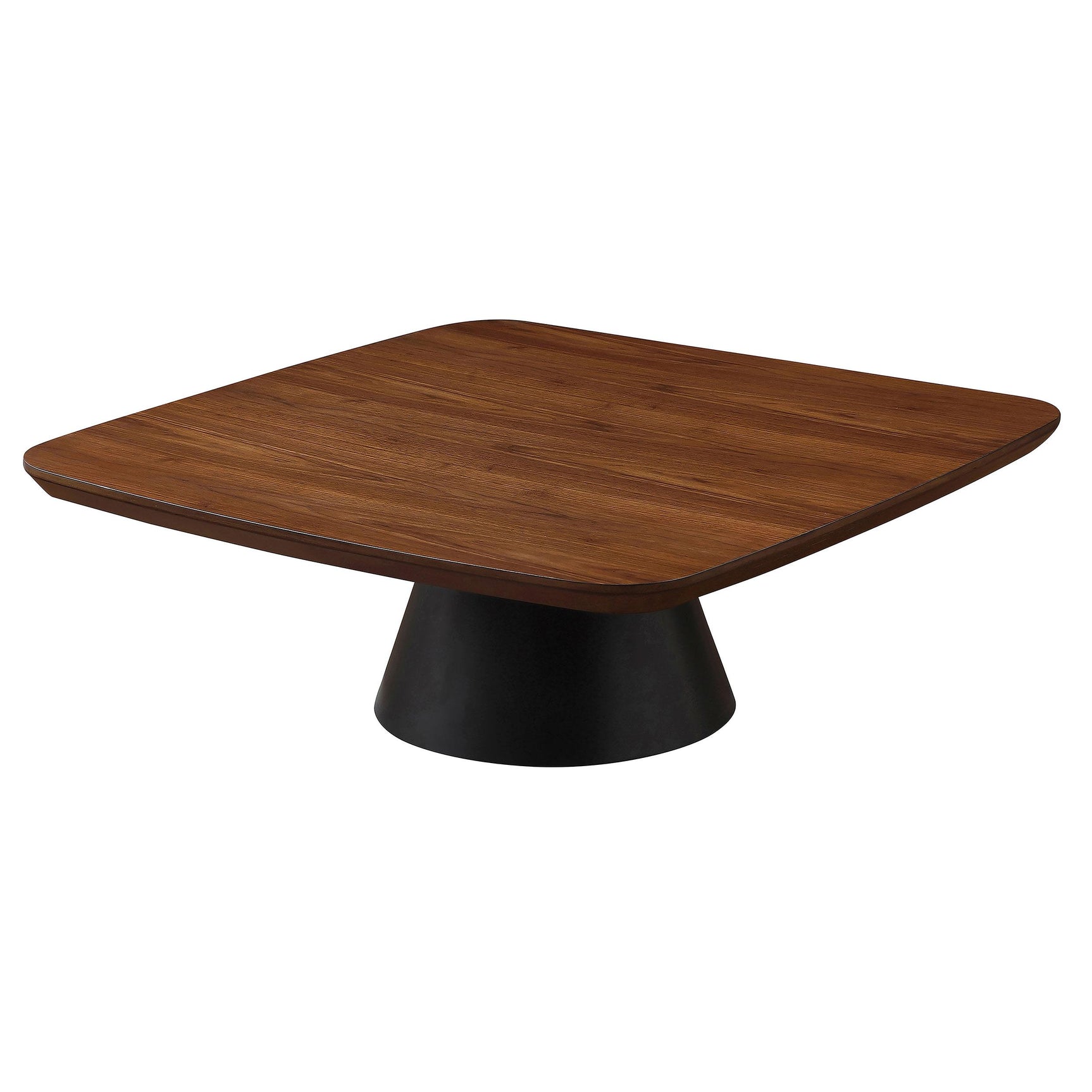 Modern walnut and black metal coffee table top detail
