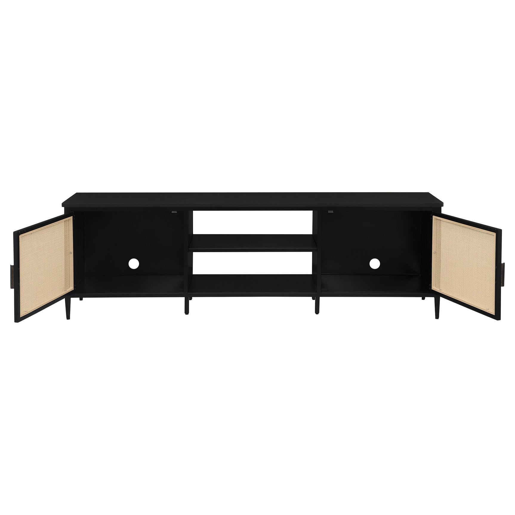 Close-up of polyethylene rattan front on Amherst TV stand door