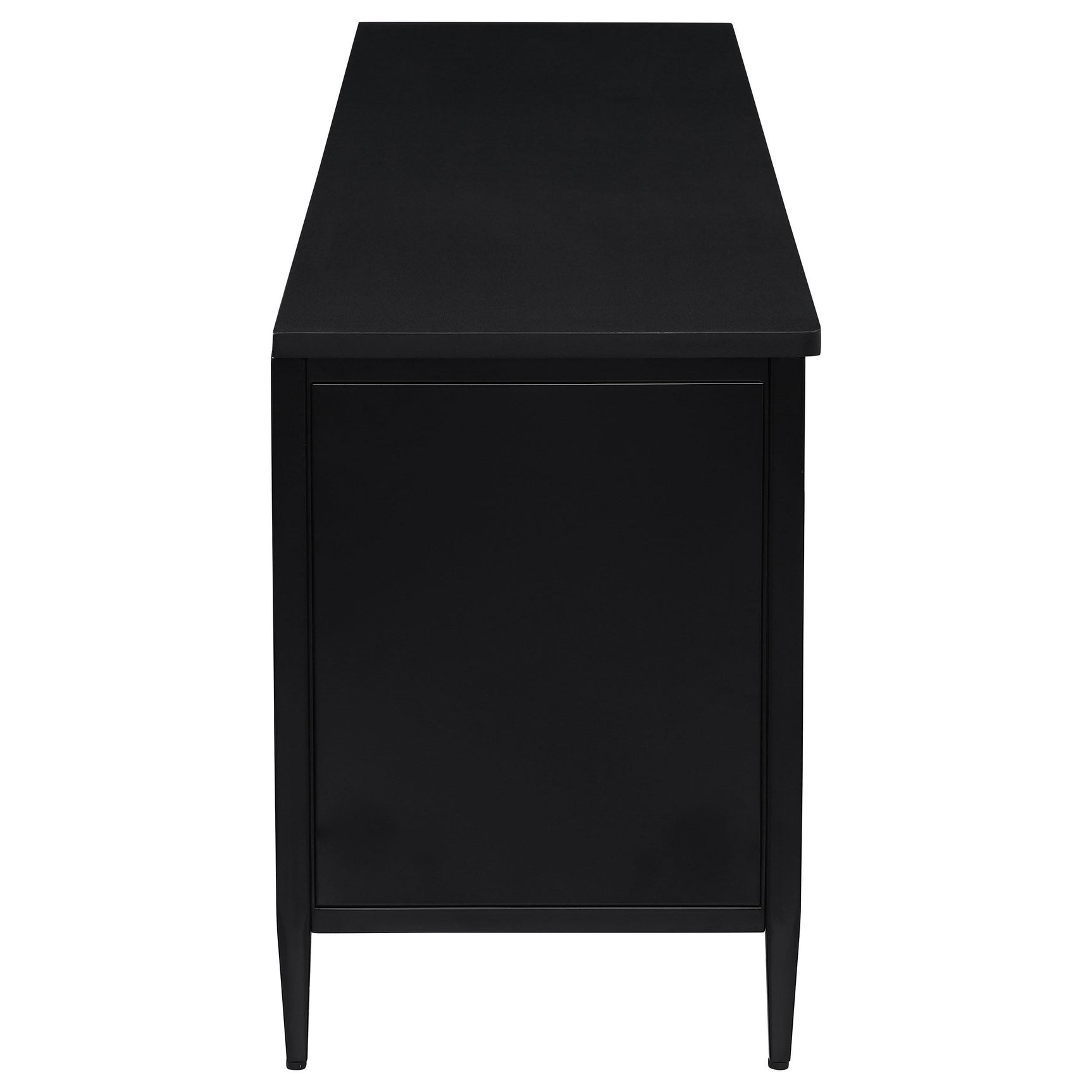 Metal leg with leveler on Amherst TV stand