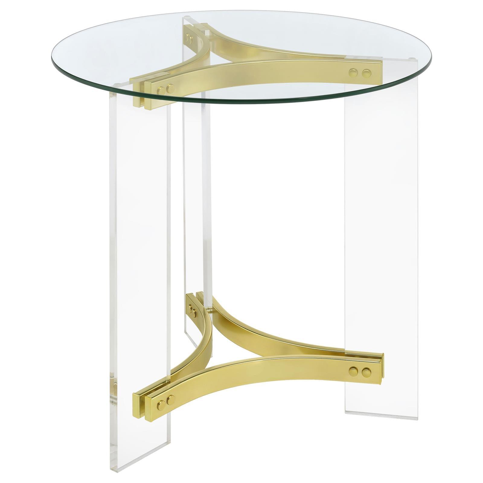 Close-up of matte brass acrylic legs on Janessa End Table