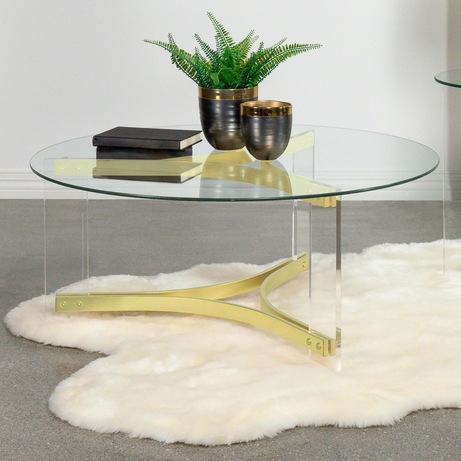 Side angle of Janessa coffee table showing acrylic brass legs