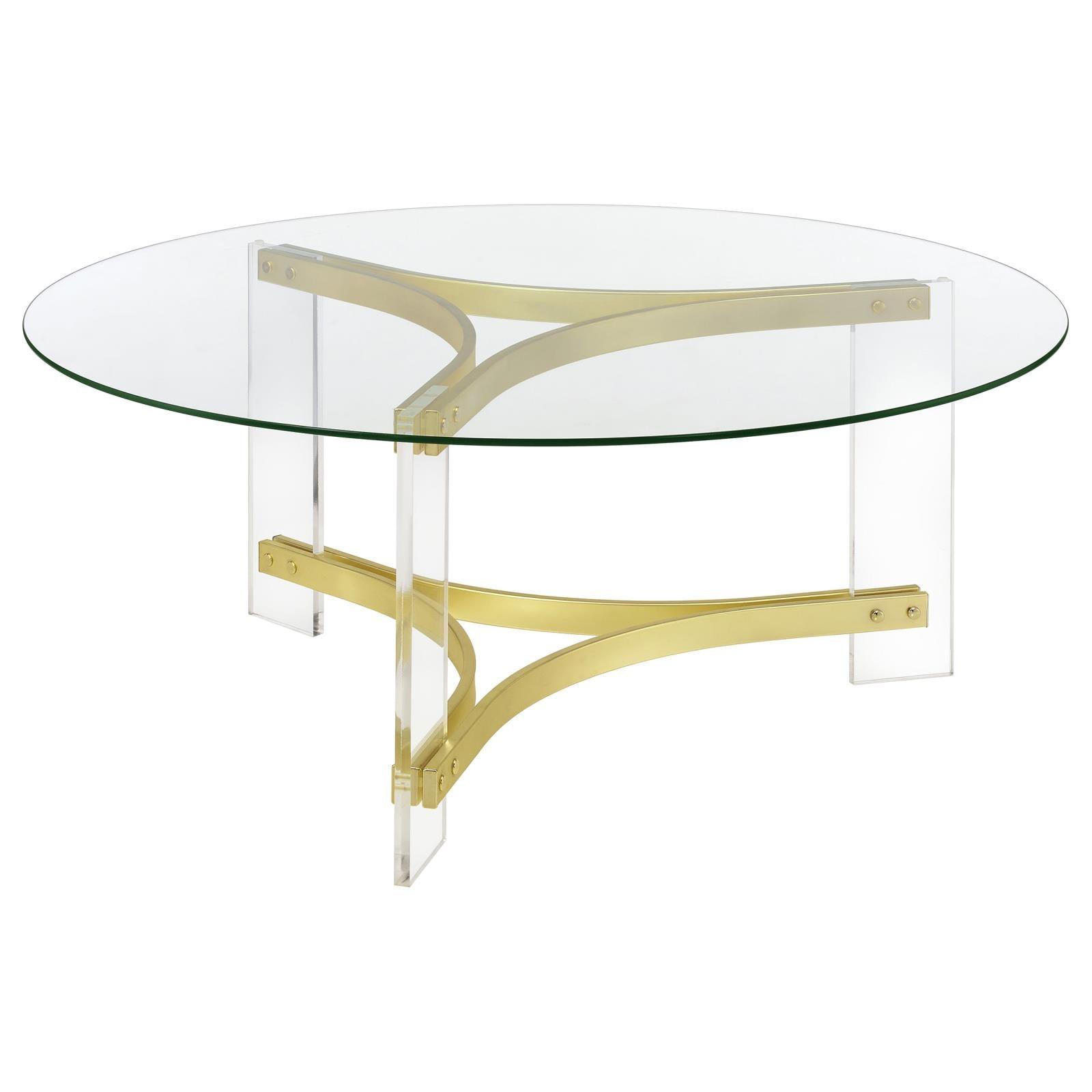 Close-up of matte brass acrylic leg on Janessa coffee table