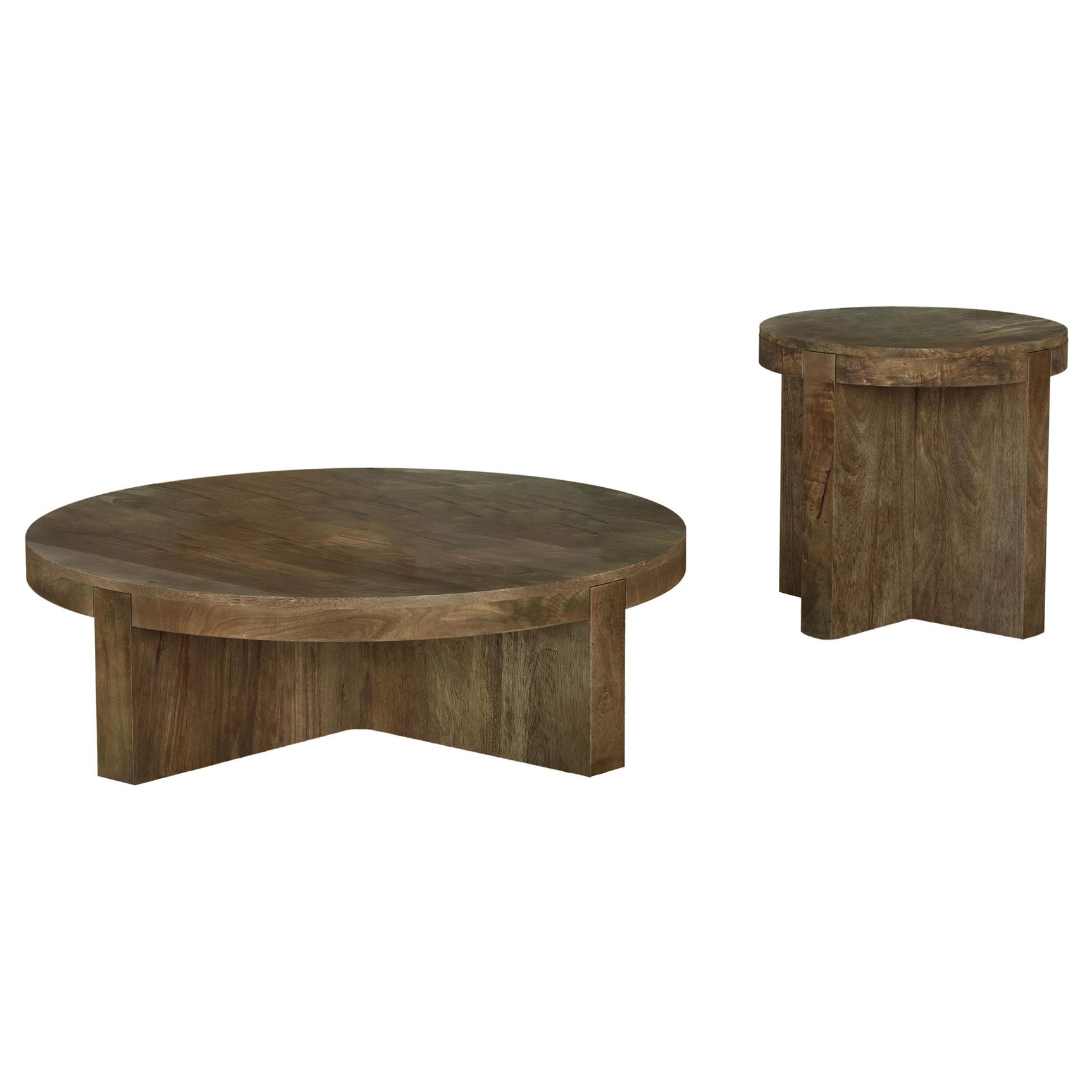 Round coffee table with intersecting slab legs in brown mango wood