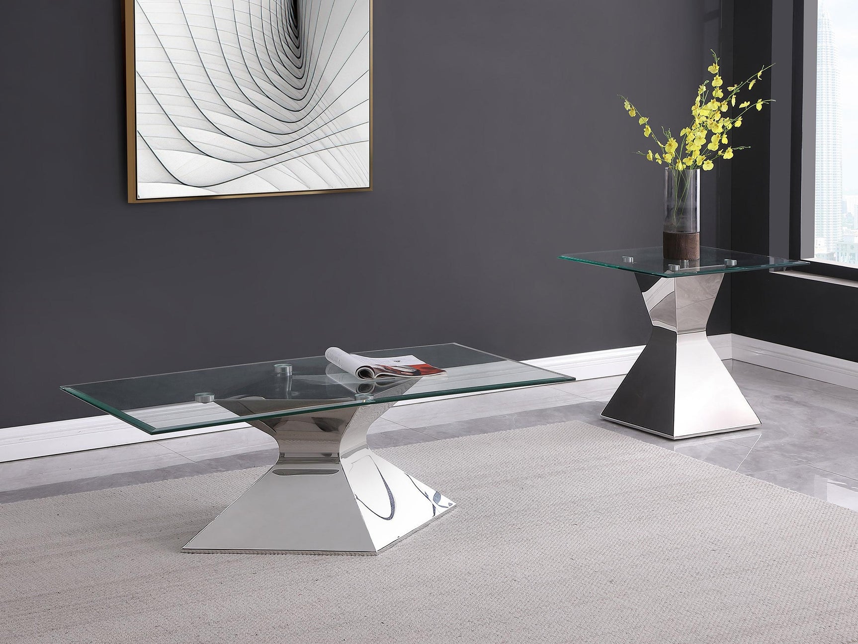 Close-up of polished stainless steel hourglass base of the Jenny coffee table