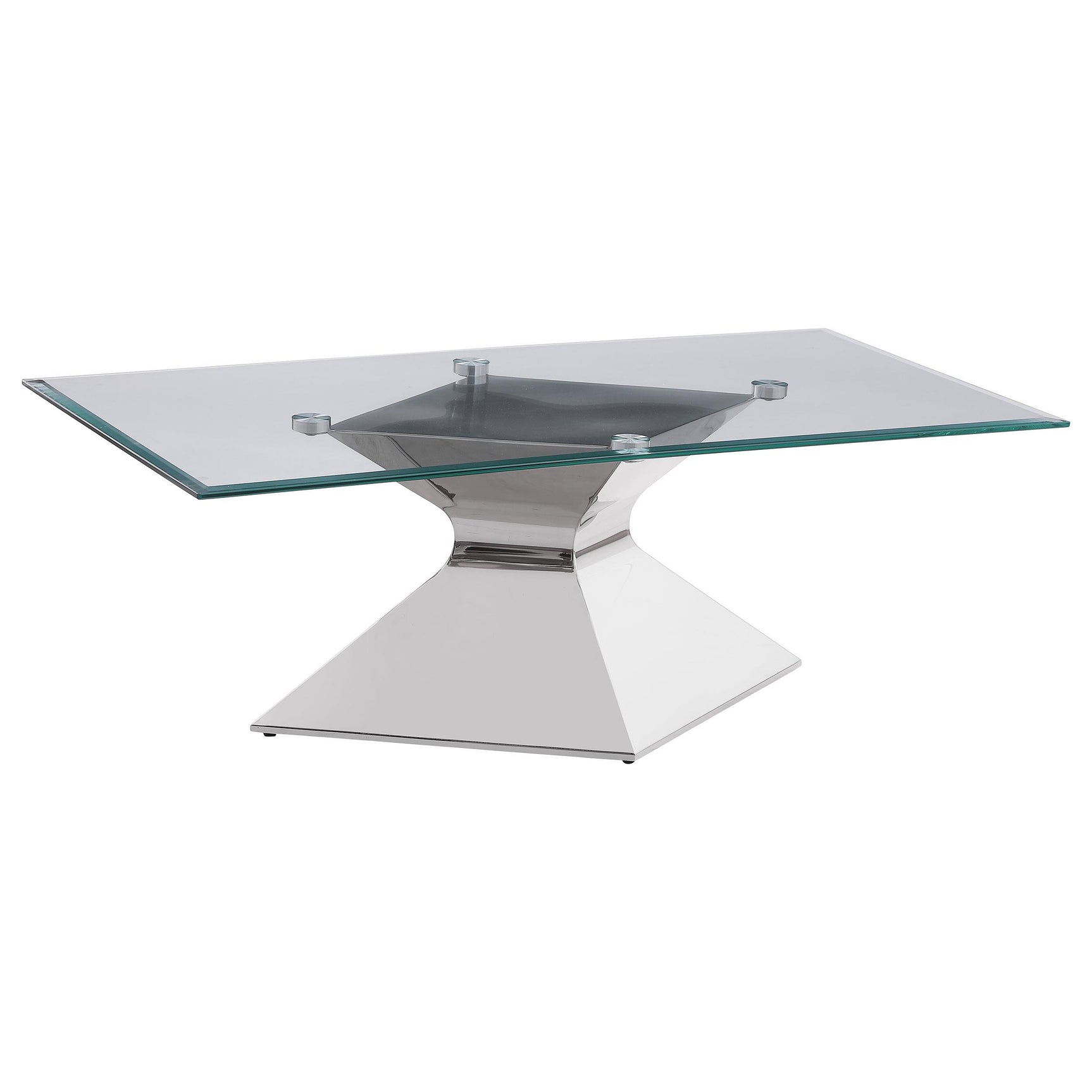 Jenny set coffee table close-up showing beveled glass and chrome base