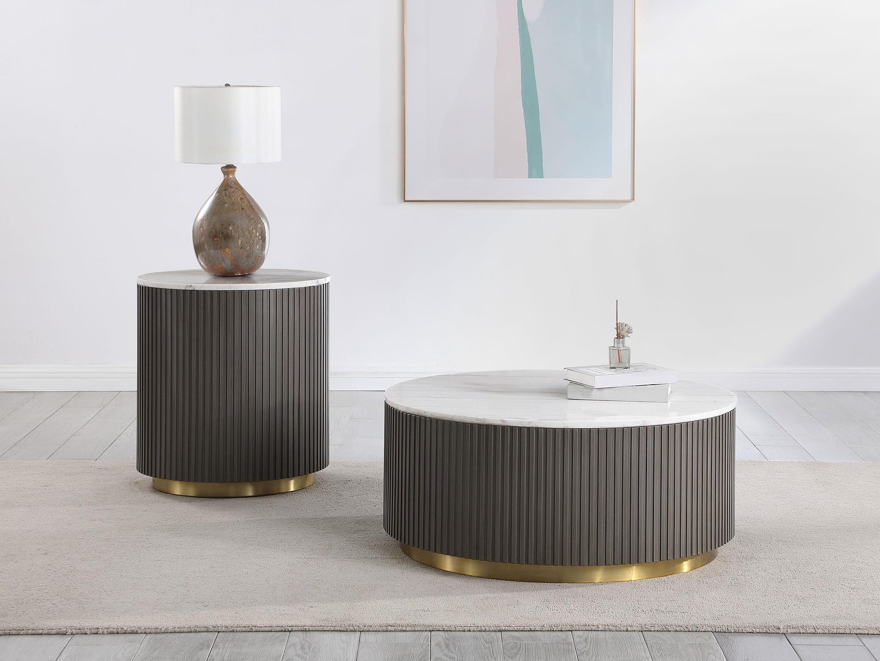 Jason coffee table with white marble top and brushed gold metal base