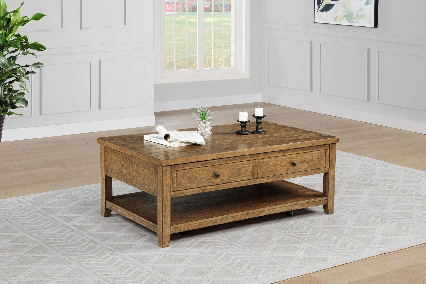Payne coffee table lift top raised showing interior storage
