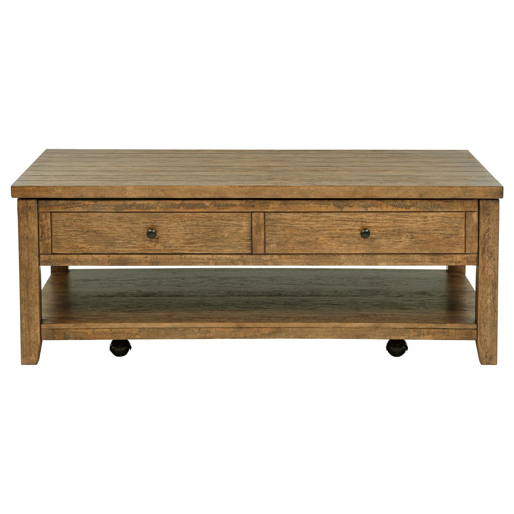 Close-up of distressed brown wood finish on Payne coffee table