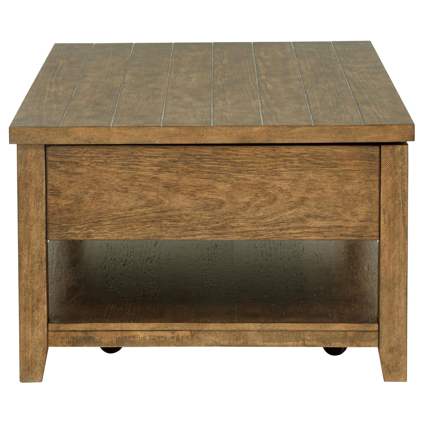 Wide lower shelf holding storage baskets under Payne table