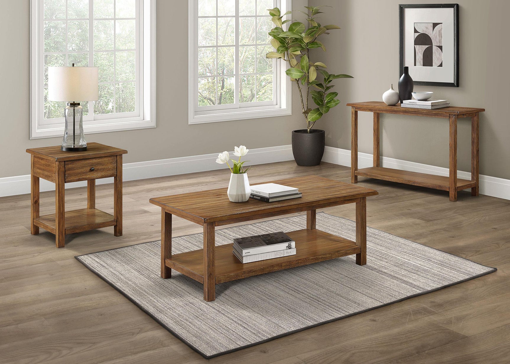 Payne distressed brown wood end table side angle with visible drawer and shelf