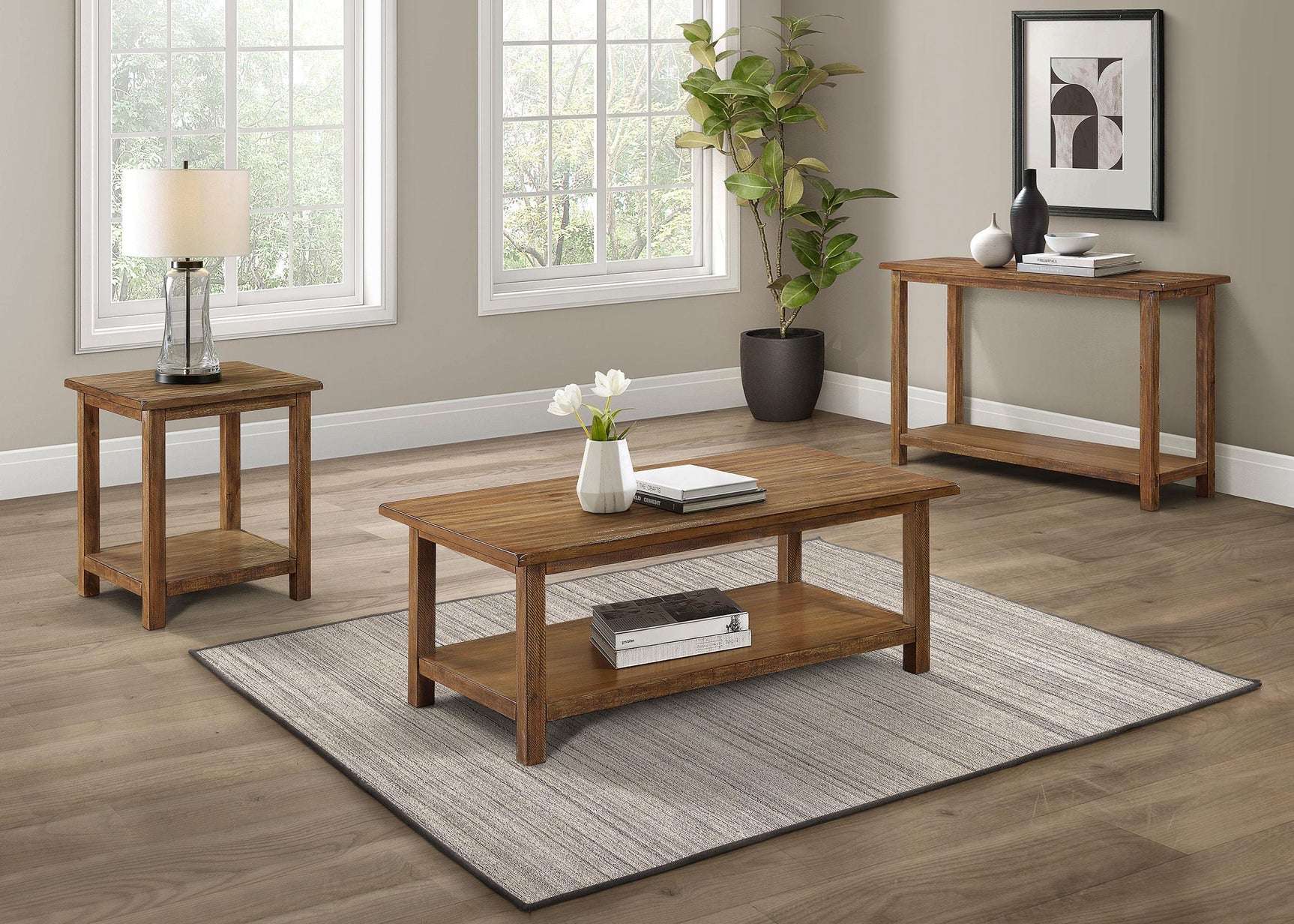 Payne wood coffee table side angle with shelf and distressed brown finish