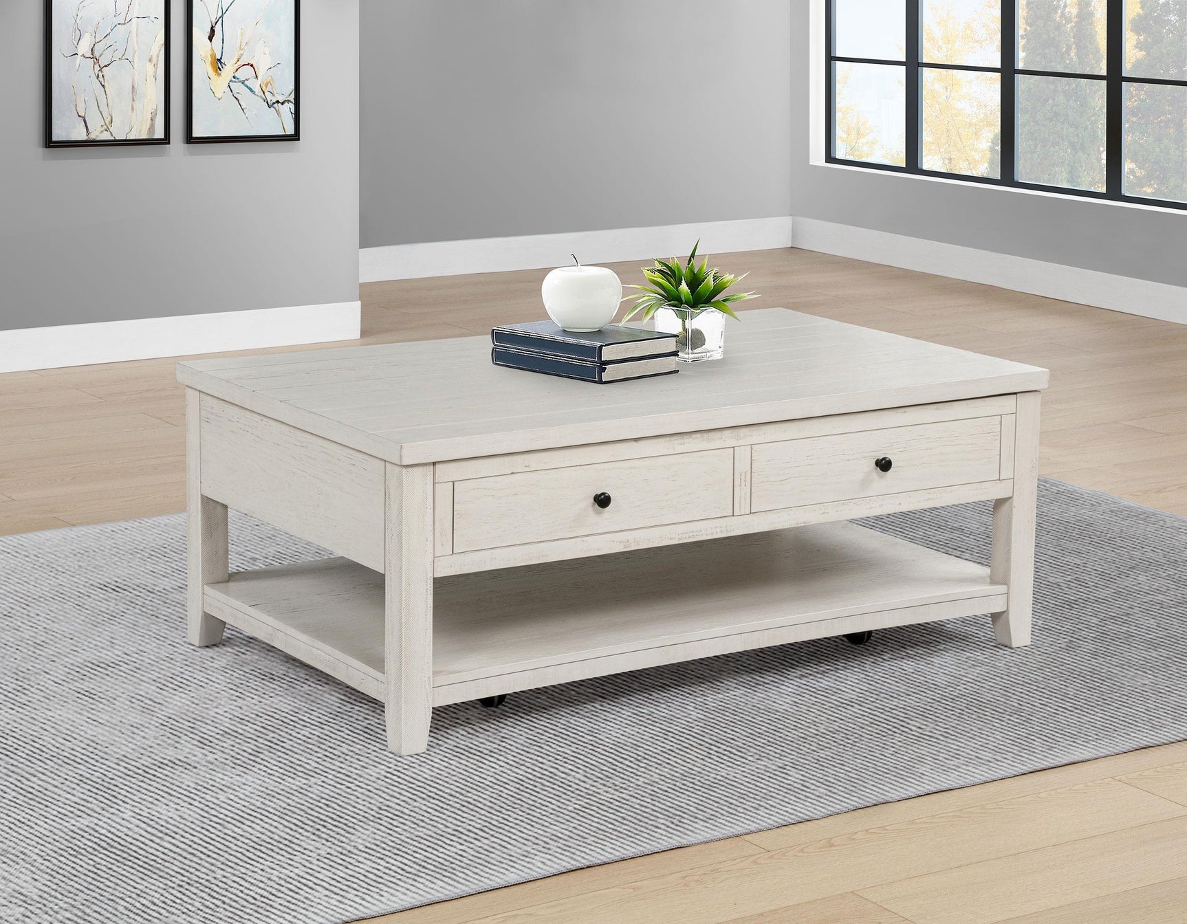 Payne lift-top coffee table side angle showing caster wheels