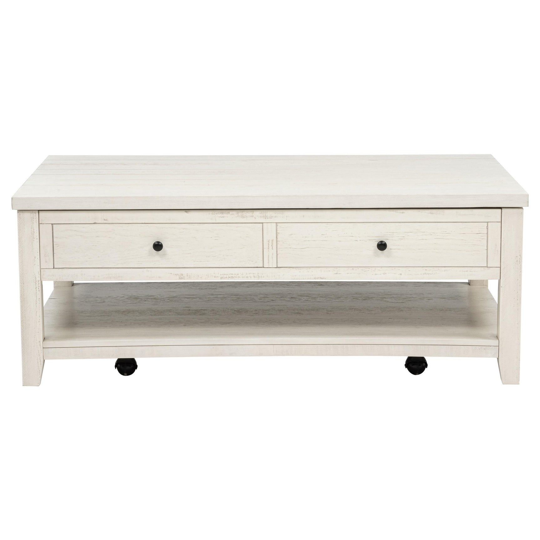 Close-up of distressed white finish and wood grain