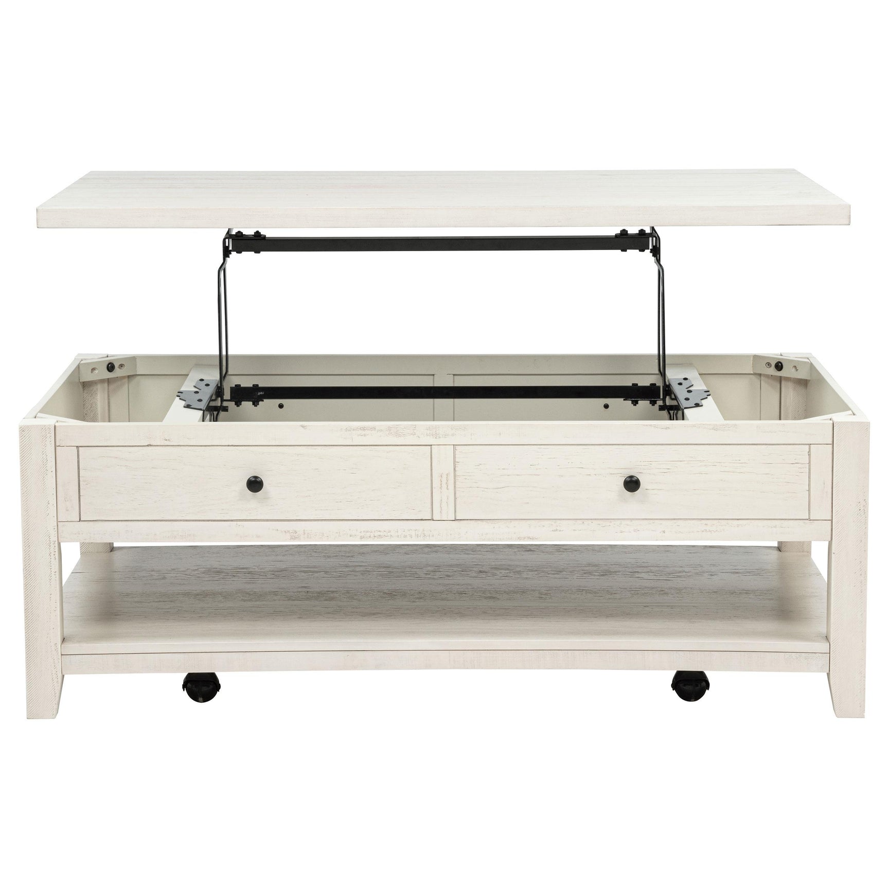 Lift-top mechanism of Payne coffee table in use