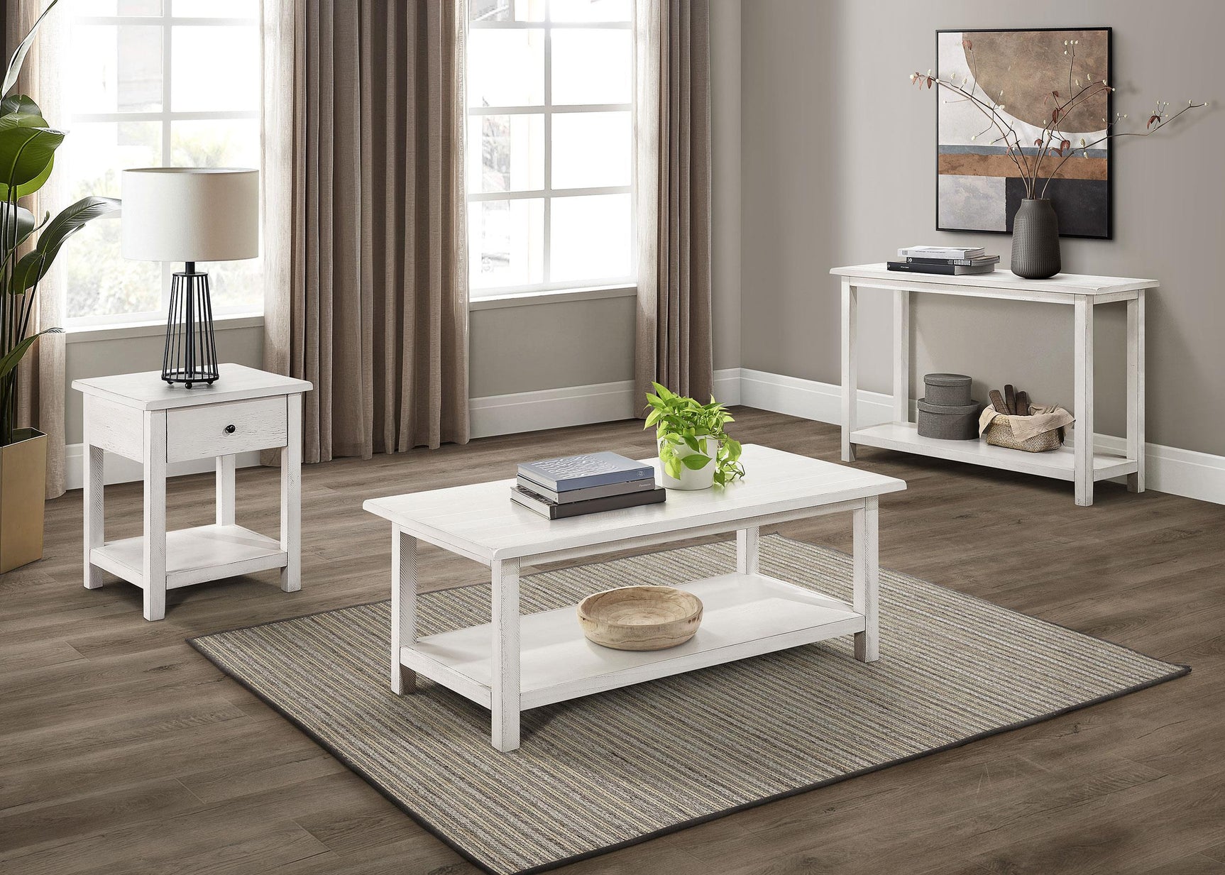 Payne white wood end table side angle showing drawer and shelf