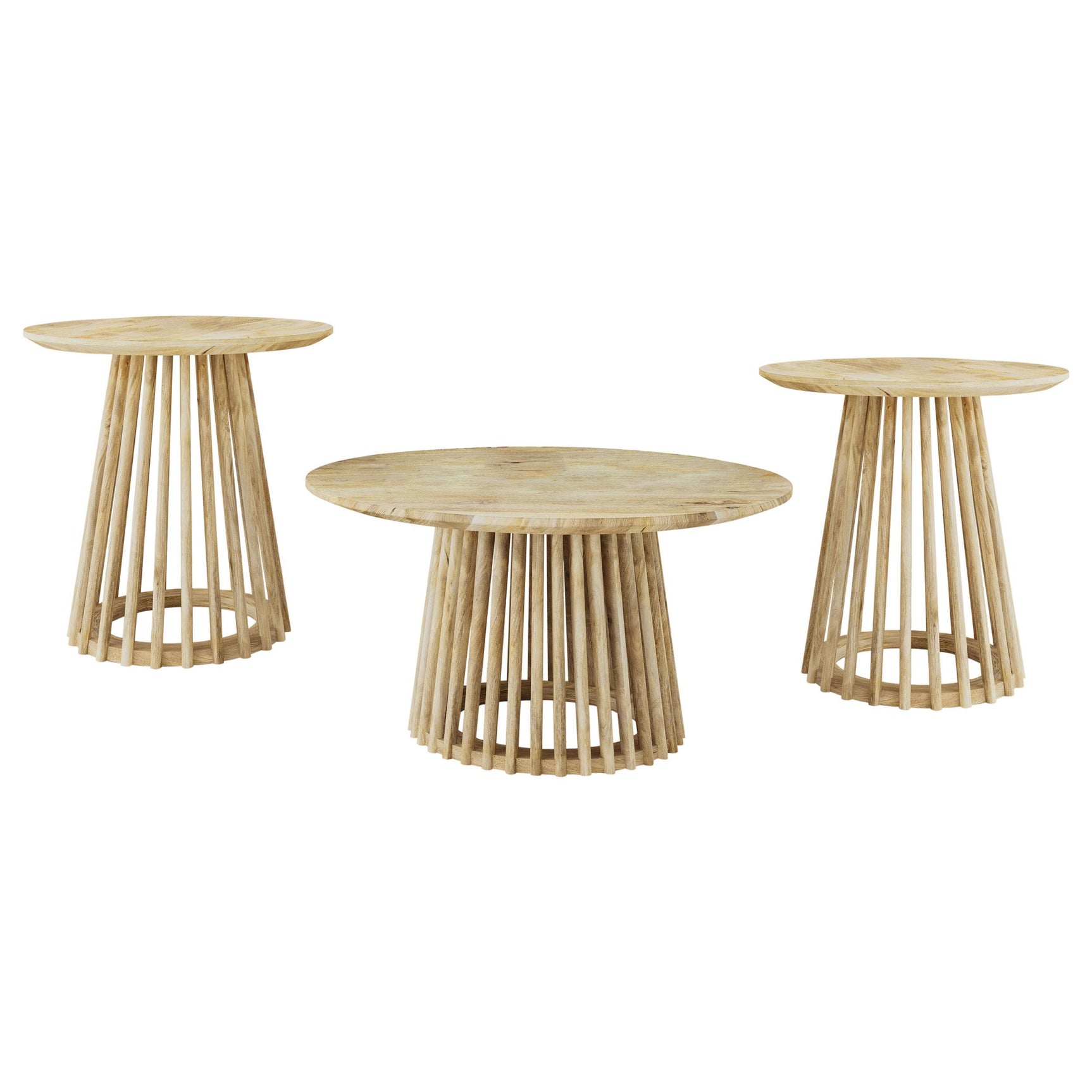 Touhy round end table in natural mango wood, side angle