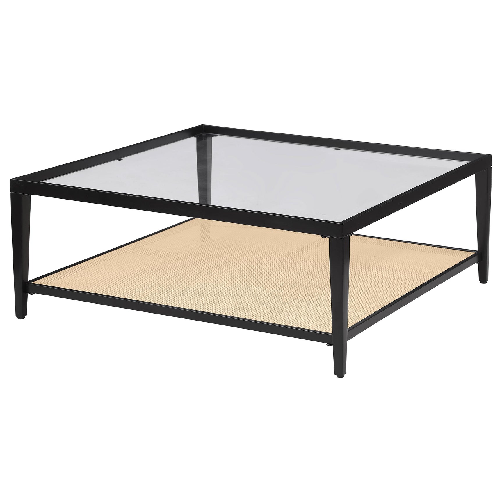 Close-up of tempered glass top and cane weave shelf
