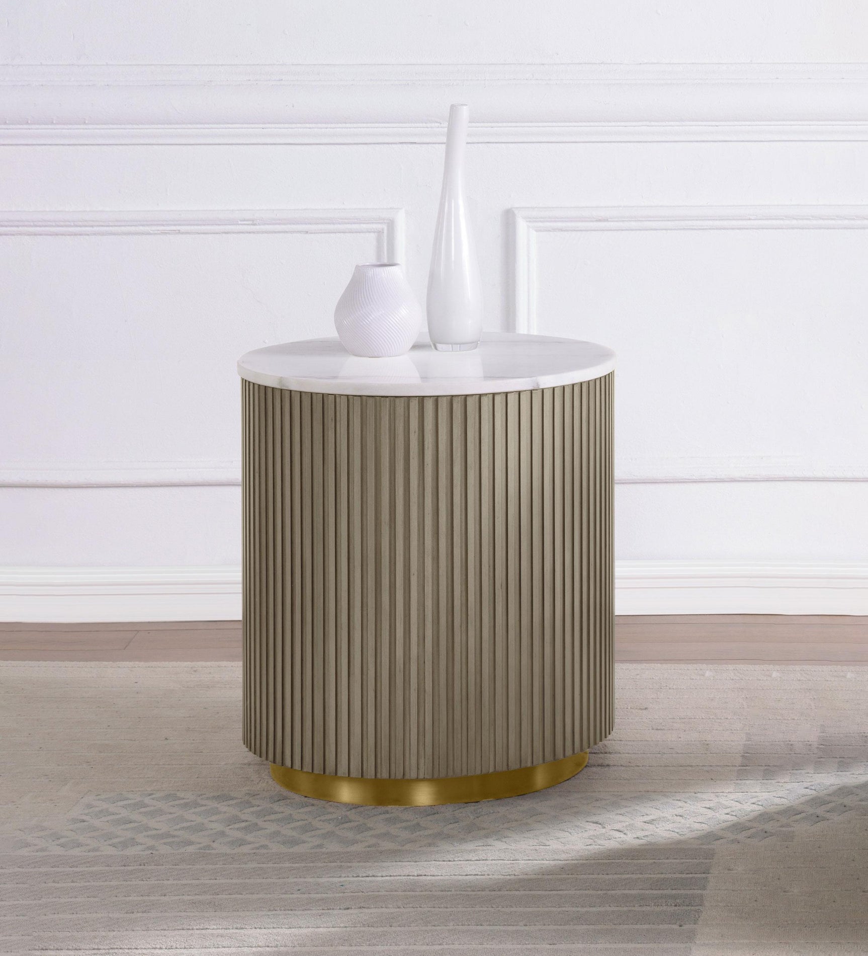Close-up of white marble top on Jason side table