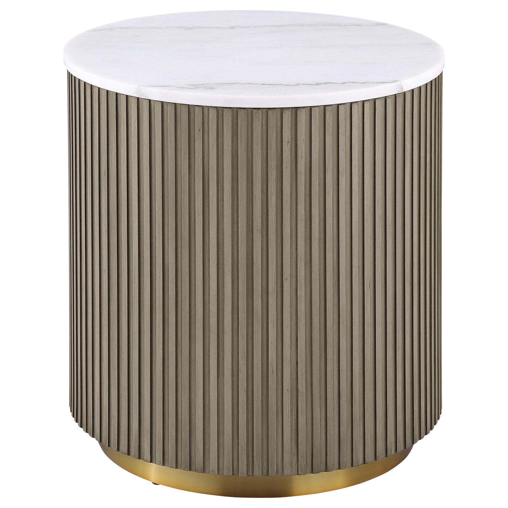 Jason end table round white marble greige base front view