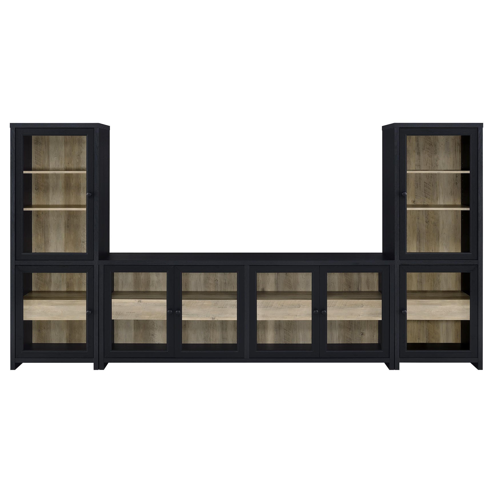 Media tower unit of Denison 3-piece entertainment center showing adjustable shelves