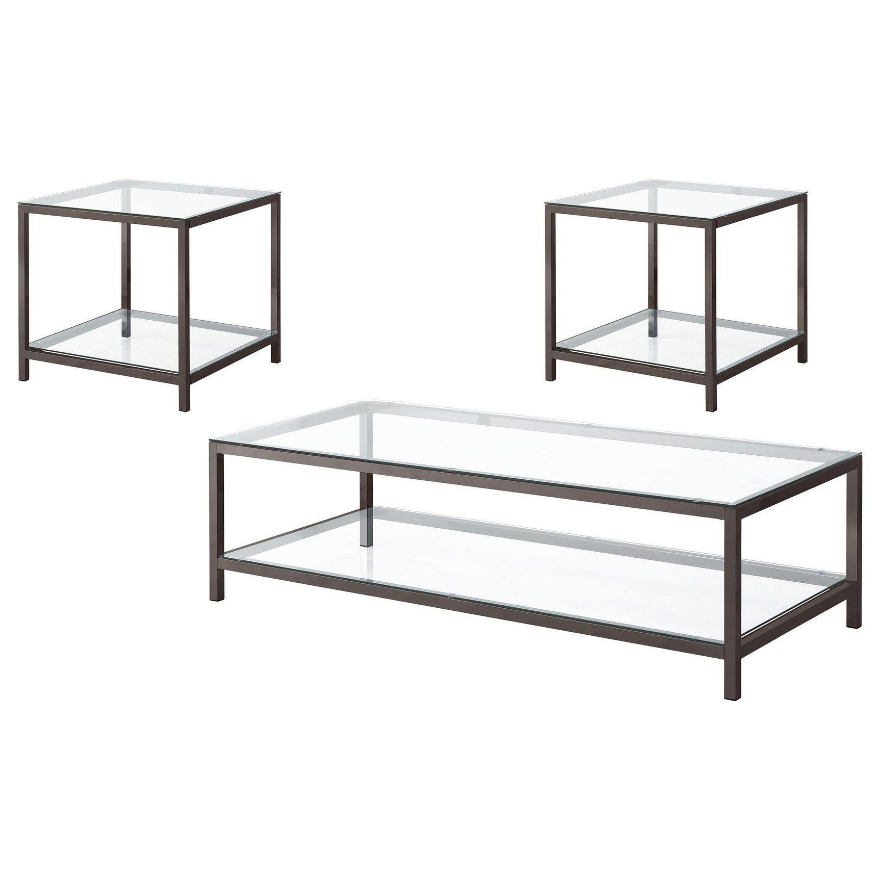 Trini coffee table angled view showing glass top and black nickel frame