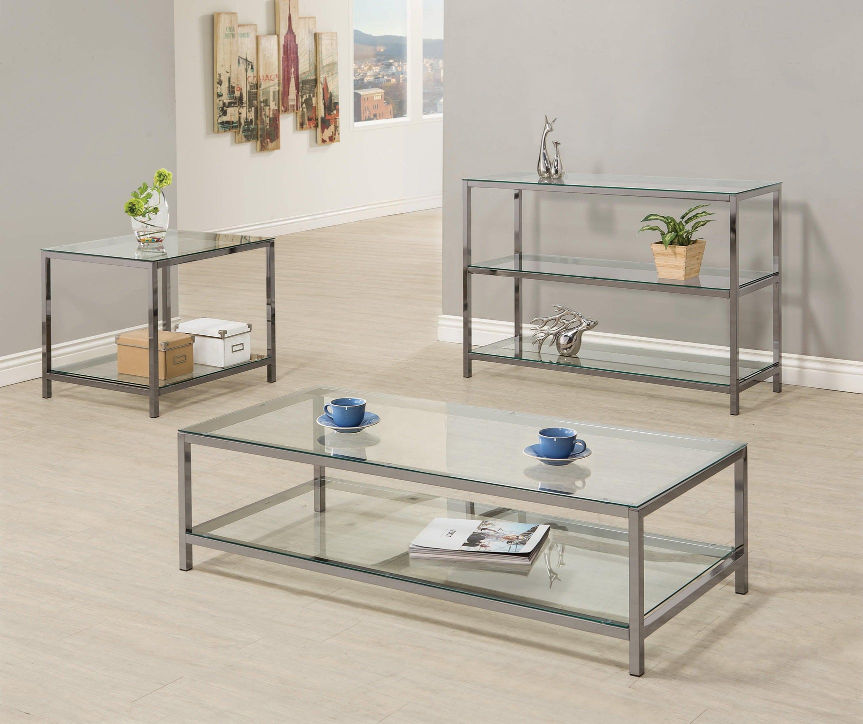 Trini Coffee Table With Glass Shelf Black Nickel - Ella Furniture