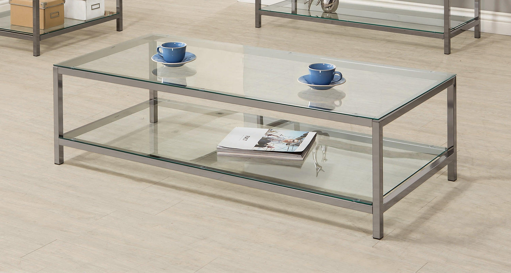 Trini Coffee Table With Glass Shelf Black Nickel - Ella Furniture