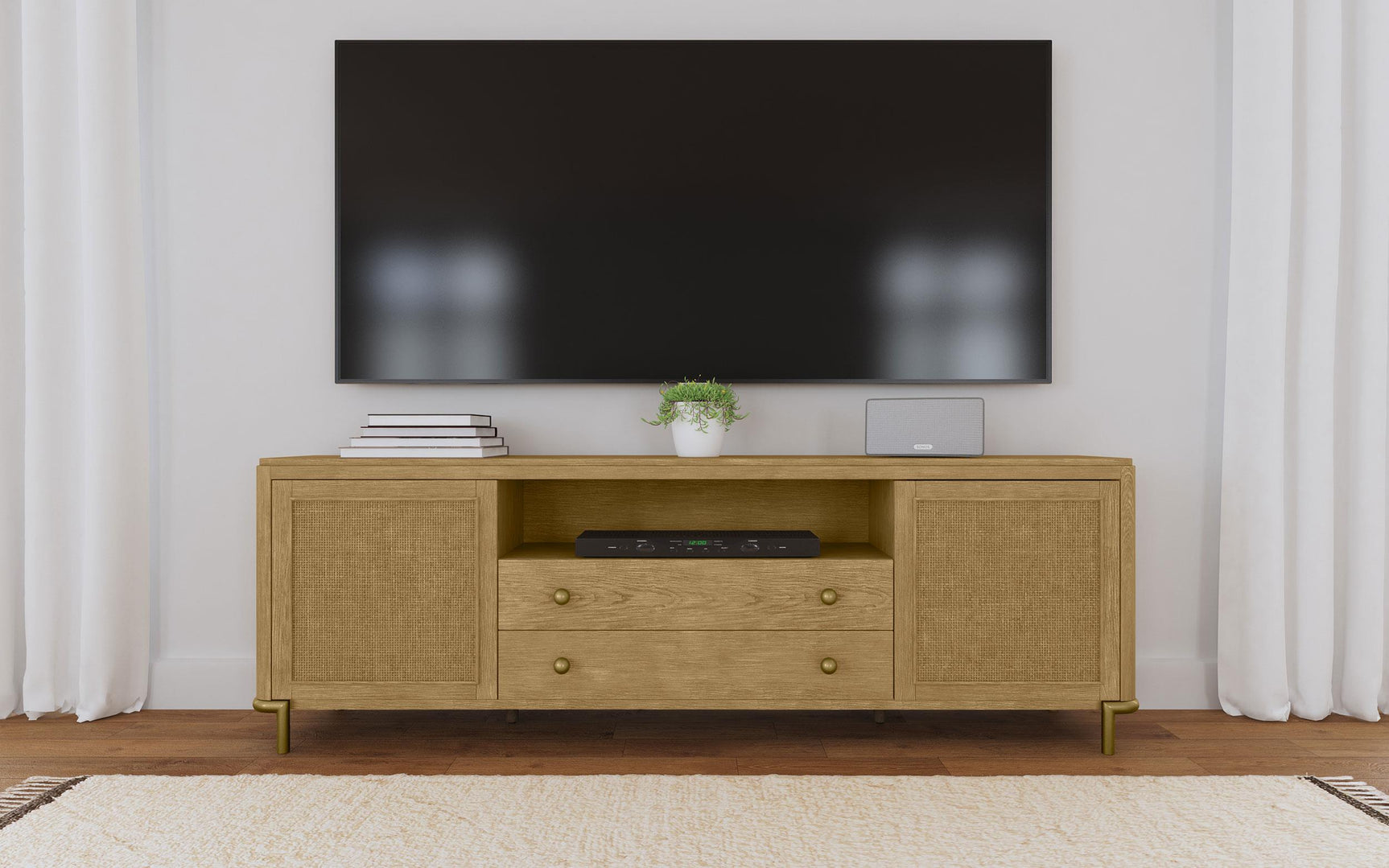 Side angle of Arini Rattan Cane TV Stand showing rattan doors