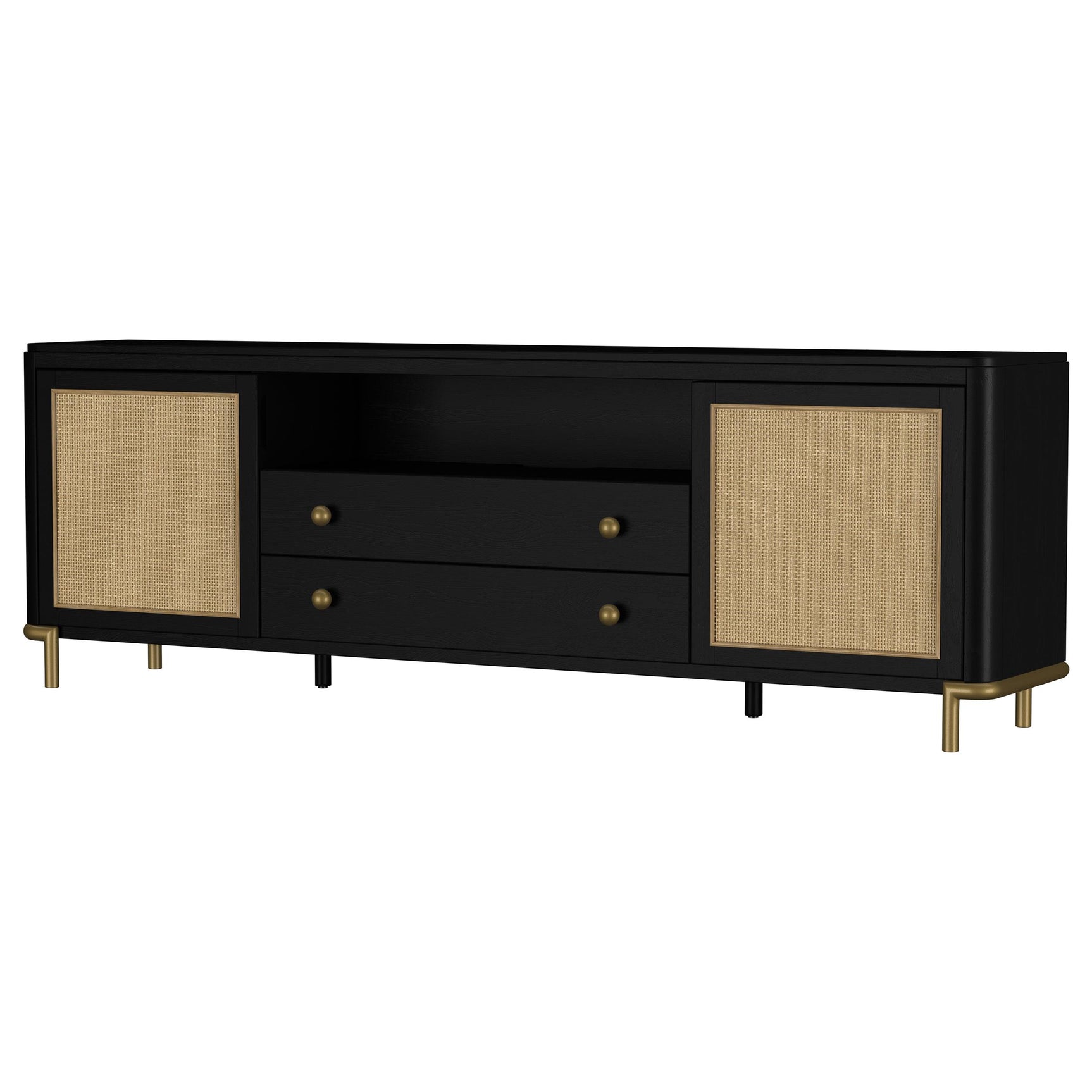 TV stand drawers and metal hardware detail