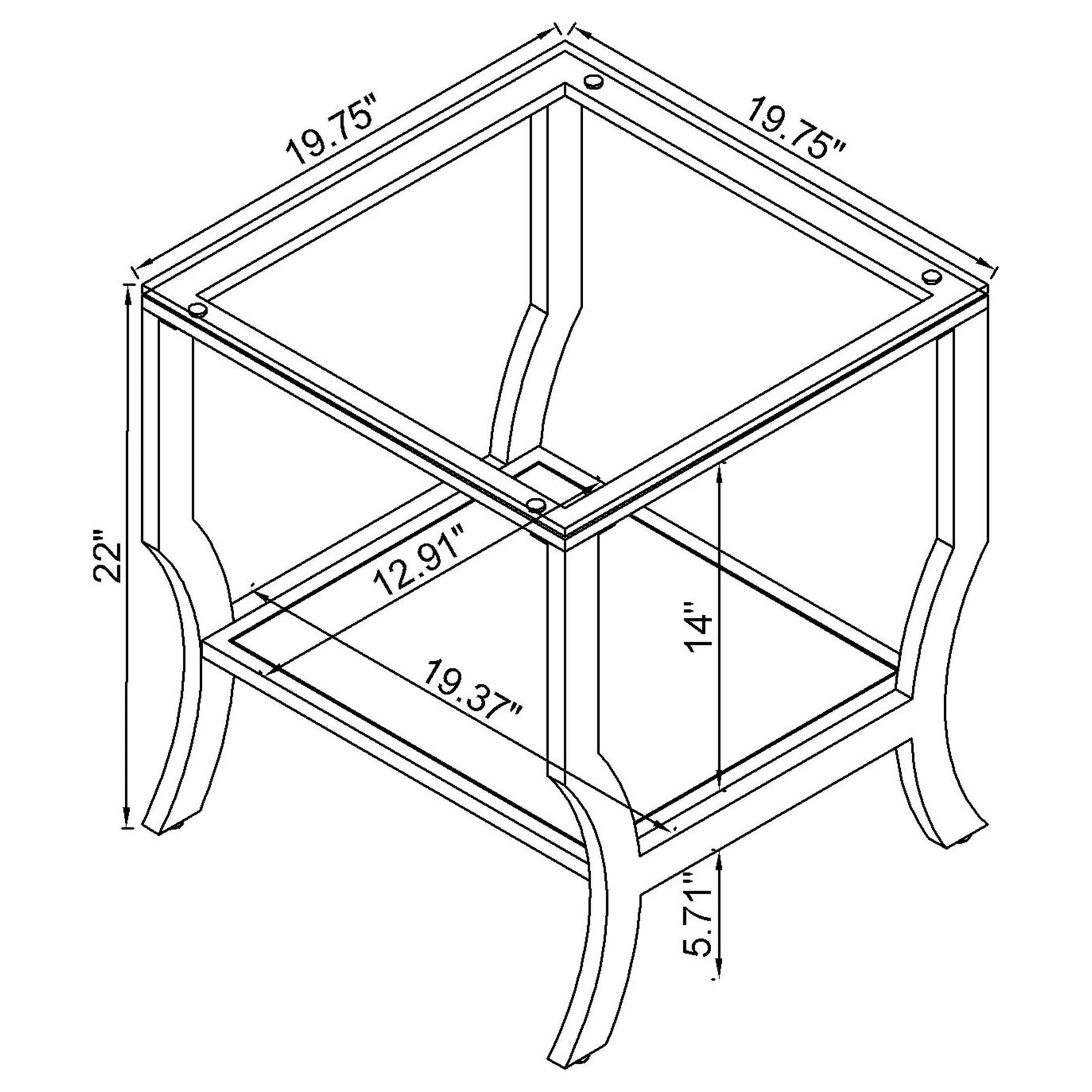 Tempered glass and mirror lower shelf detail on end table