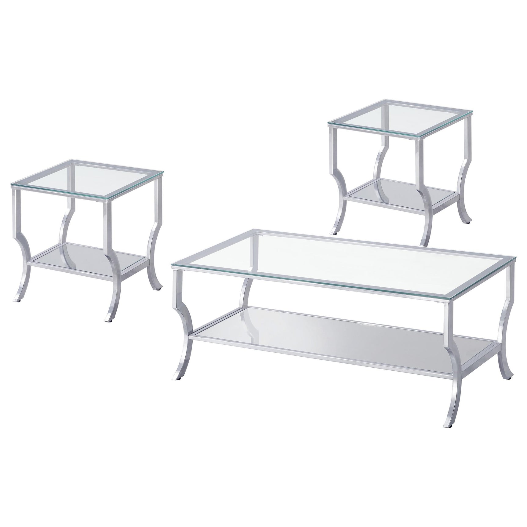 Saide coffee table with glass top and chrome base angled view