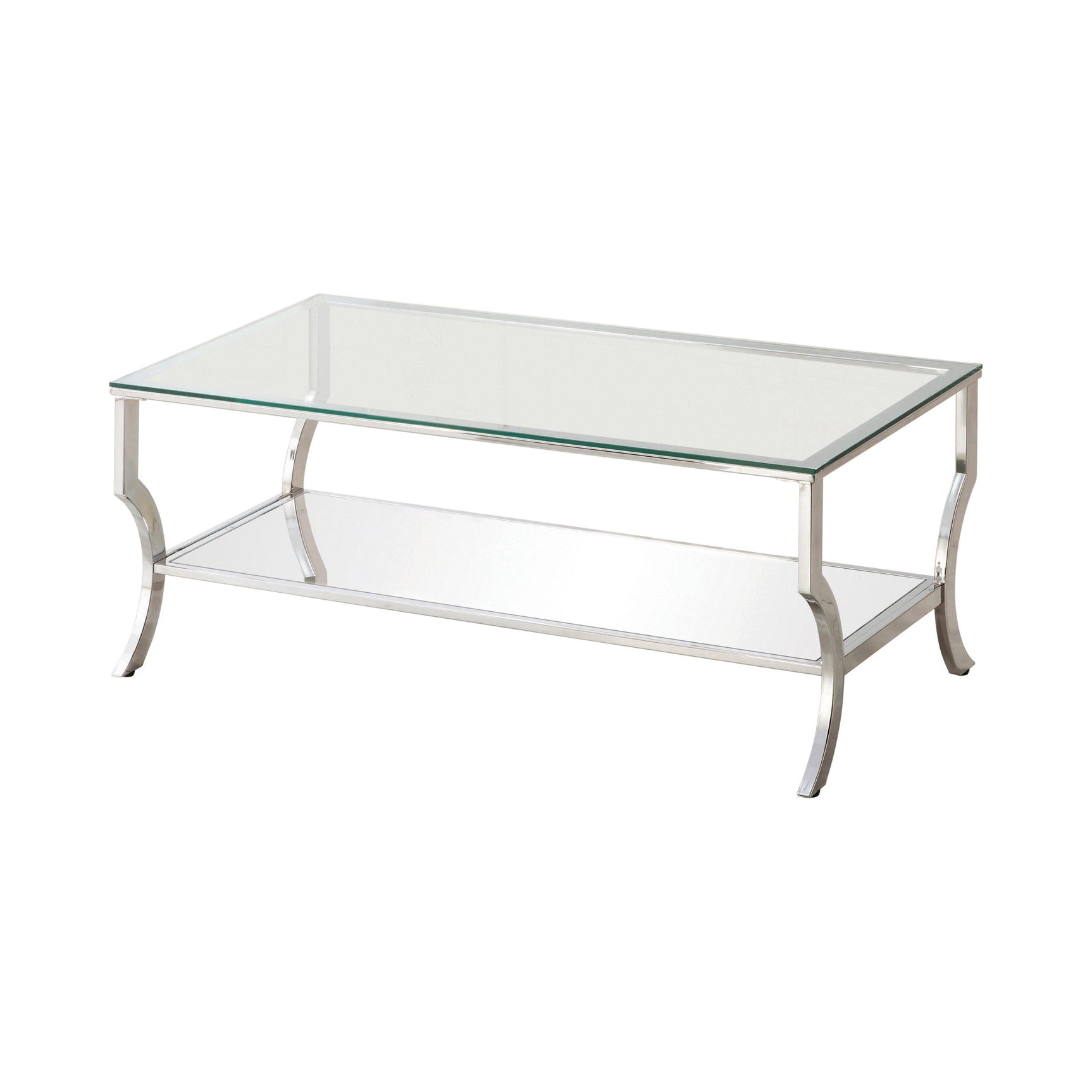 Saide rectangular coffee table angled top view showing glass surface and mirrored shelf