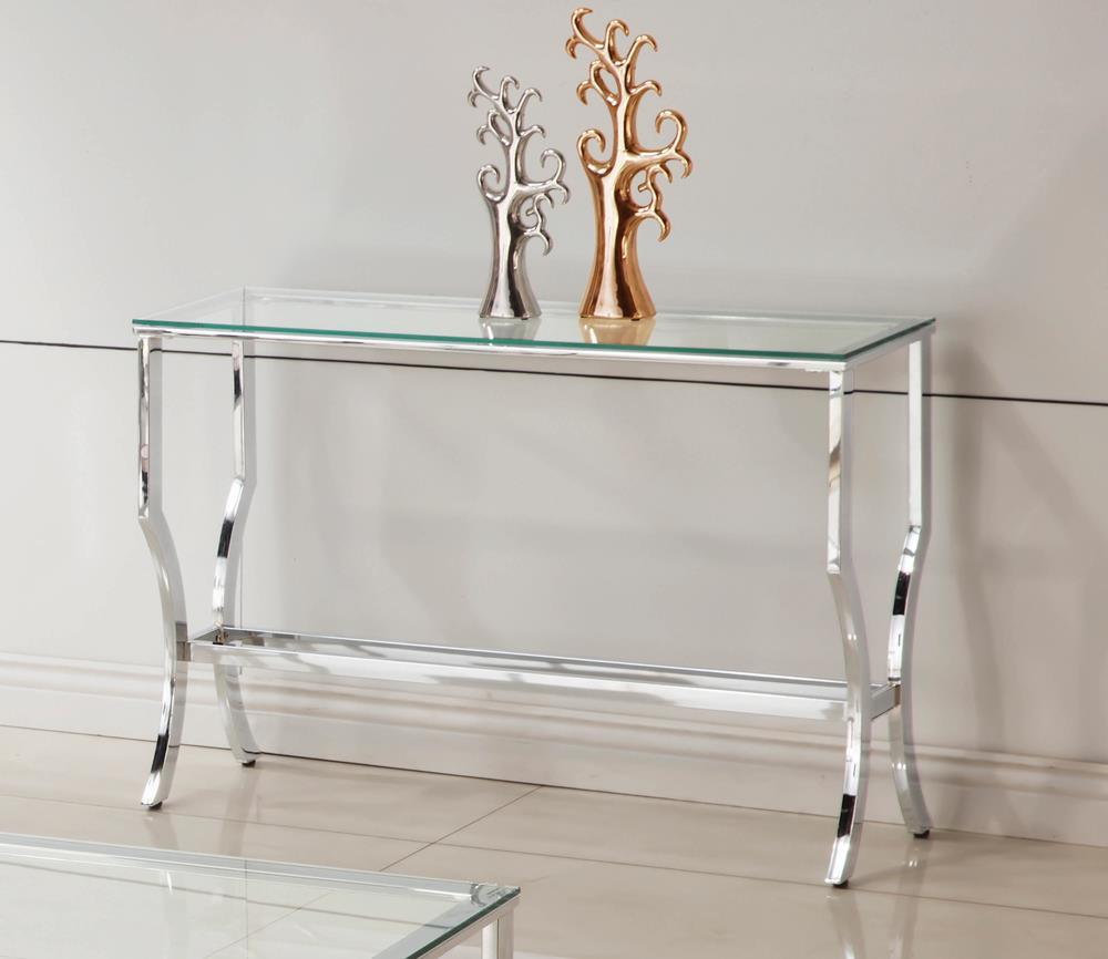 Saide sofa table with mirrored shelf and hourglass curved legs, angle view