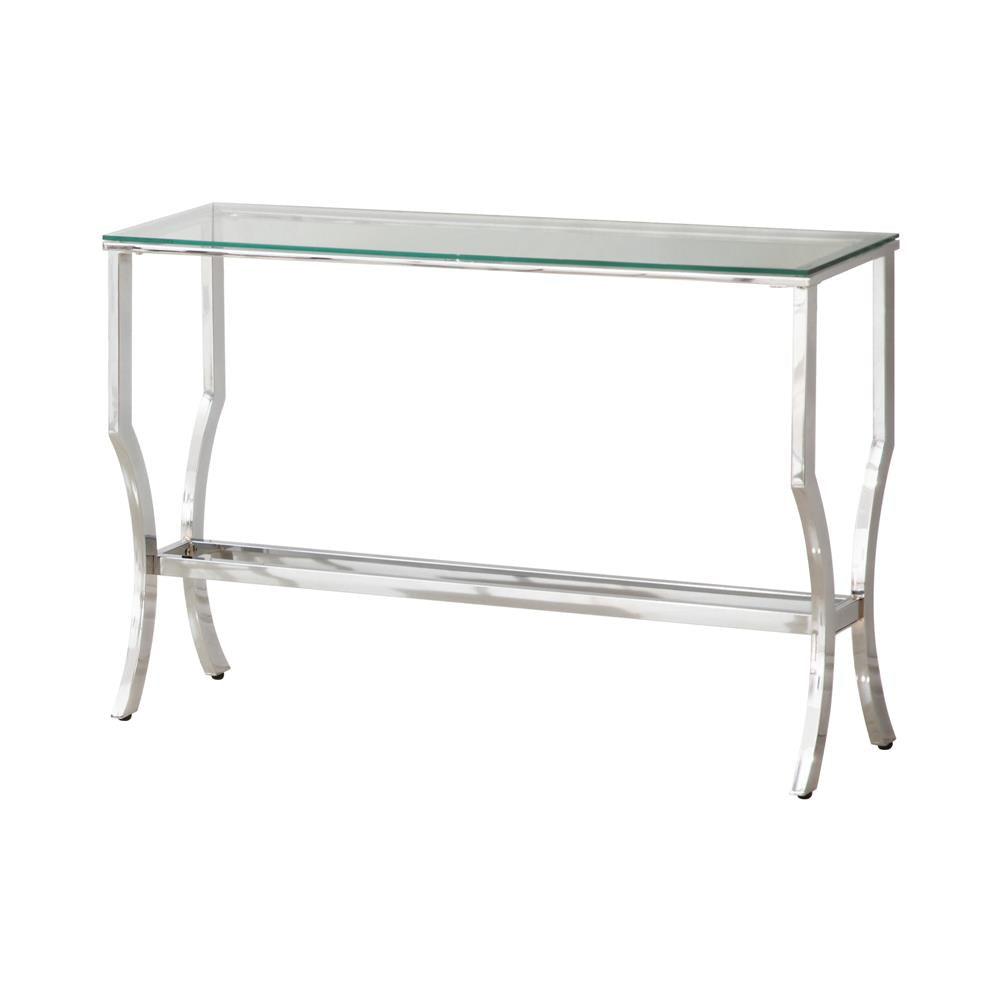 Modern chrome sofa table with glass top and built-in mirrored shelf, close-up