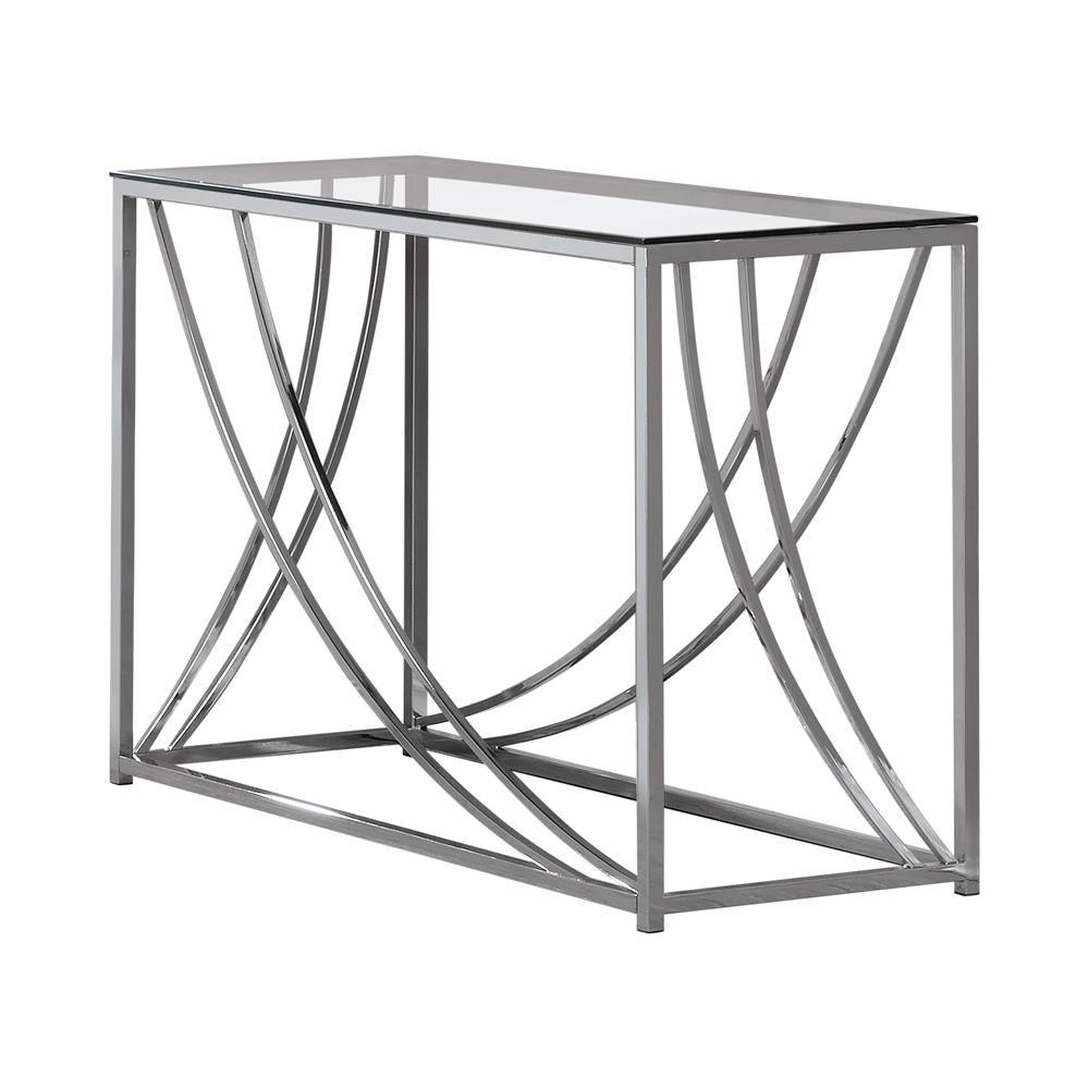 Contemporary Lille sofa table with glass and chrome metal base, side angle