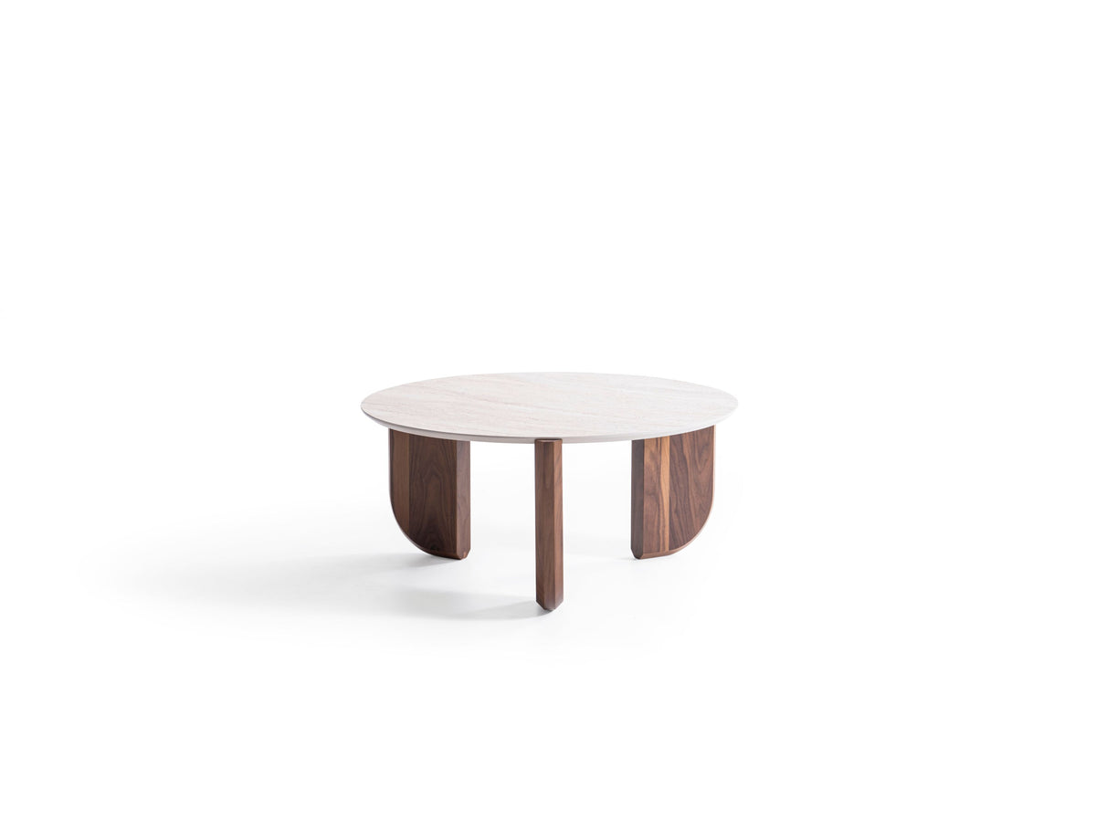 Olena medium coffee table side detail showing travertine and walnut materials