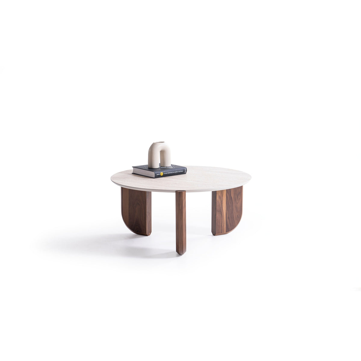 Olena medium coffee table front angle with warm walnut finish