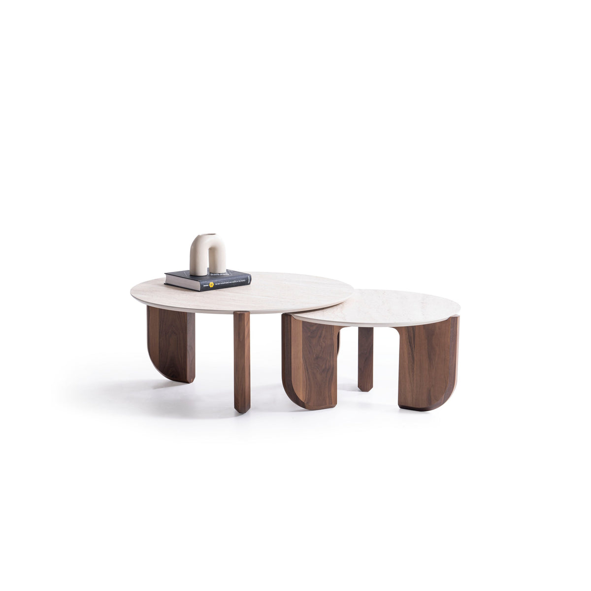 Olena medium coffee table walnut base with travertine top overhead view