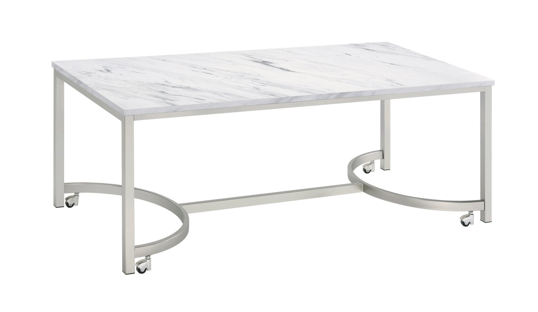 Leona Coffee Table With Casters White And Satin Nickel - Ella Furniture
