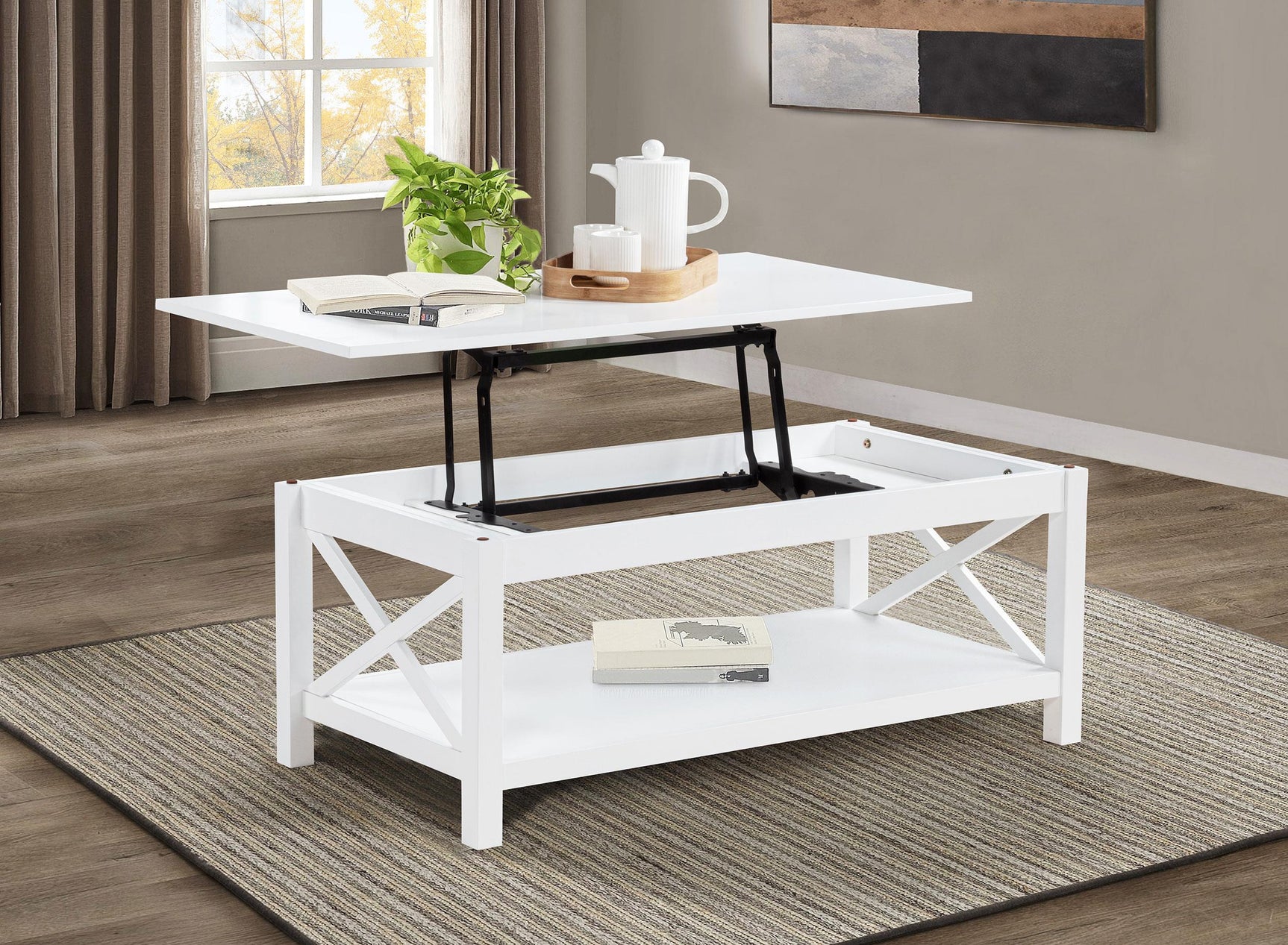 Side angle of Skyview white lift-top coffee table
