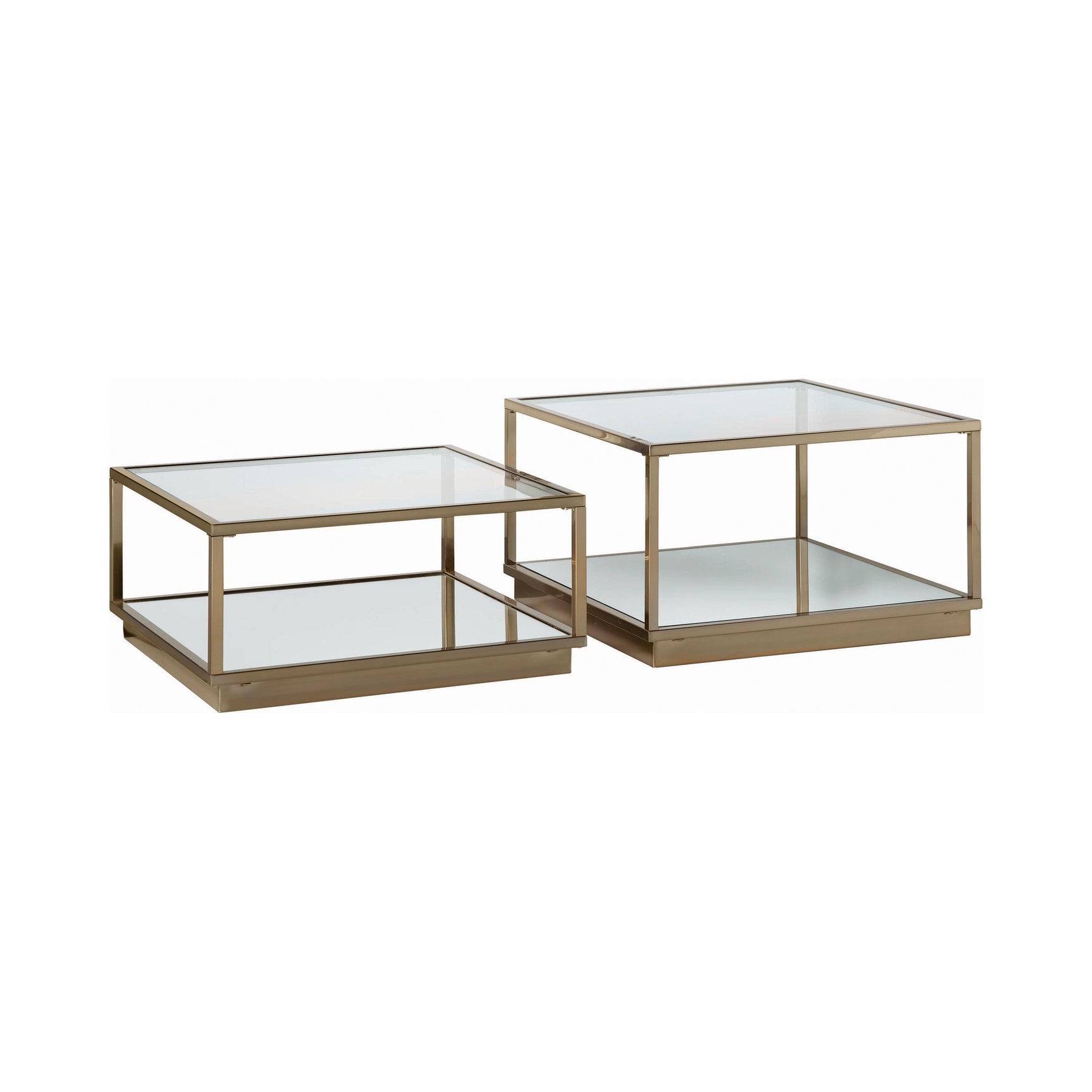 Renee 2-piece square occasional set showing mirrored shelf and rose brass frame