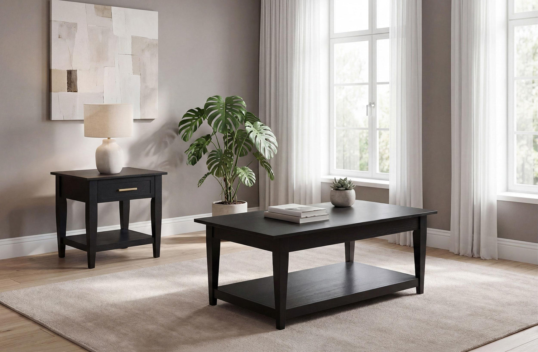 Square black end table with shelf under top surface