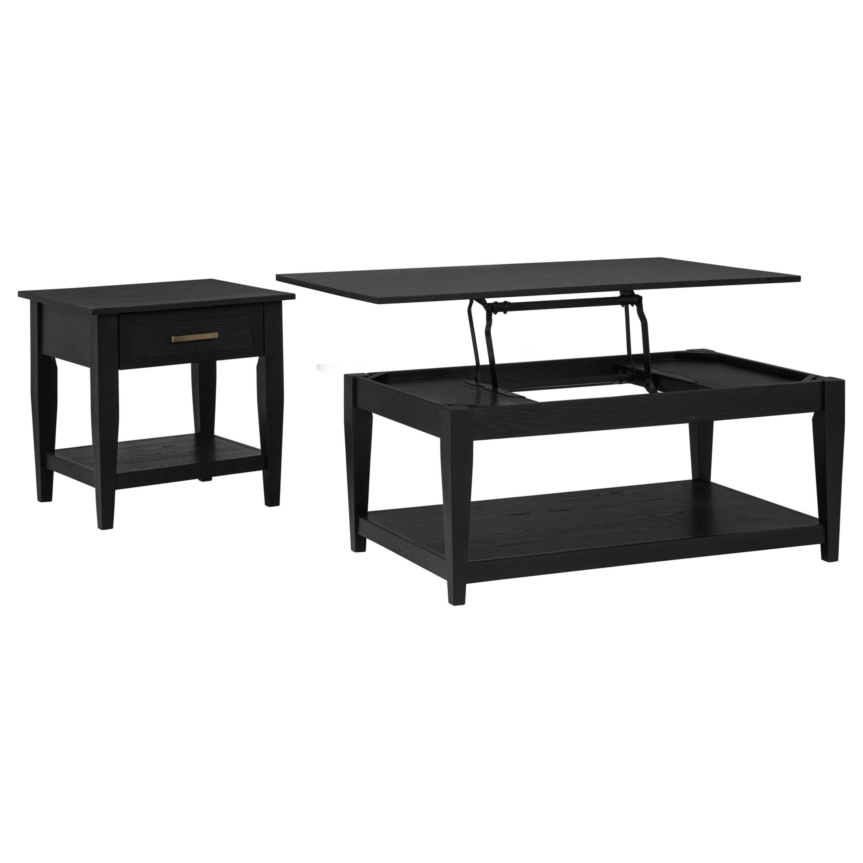 Side view of black coffee and end table set with tapered legs
