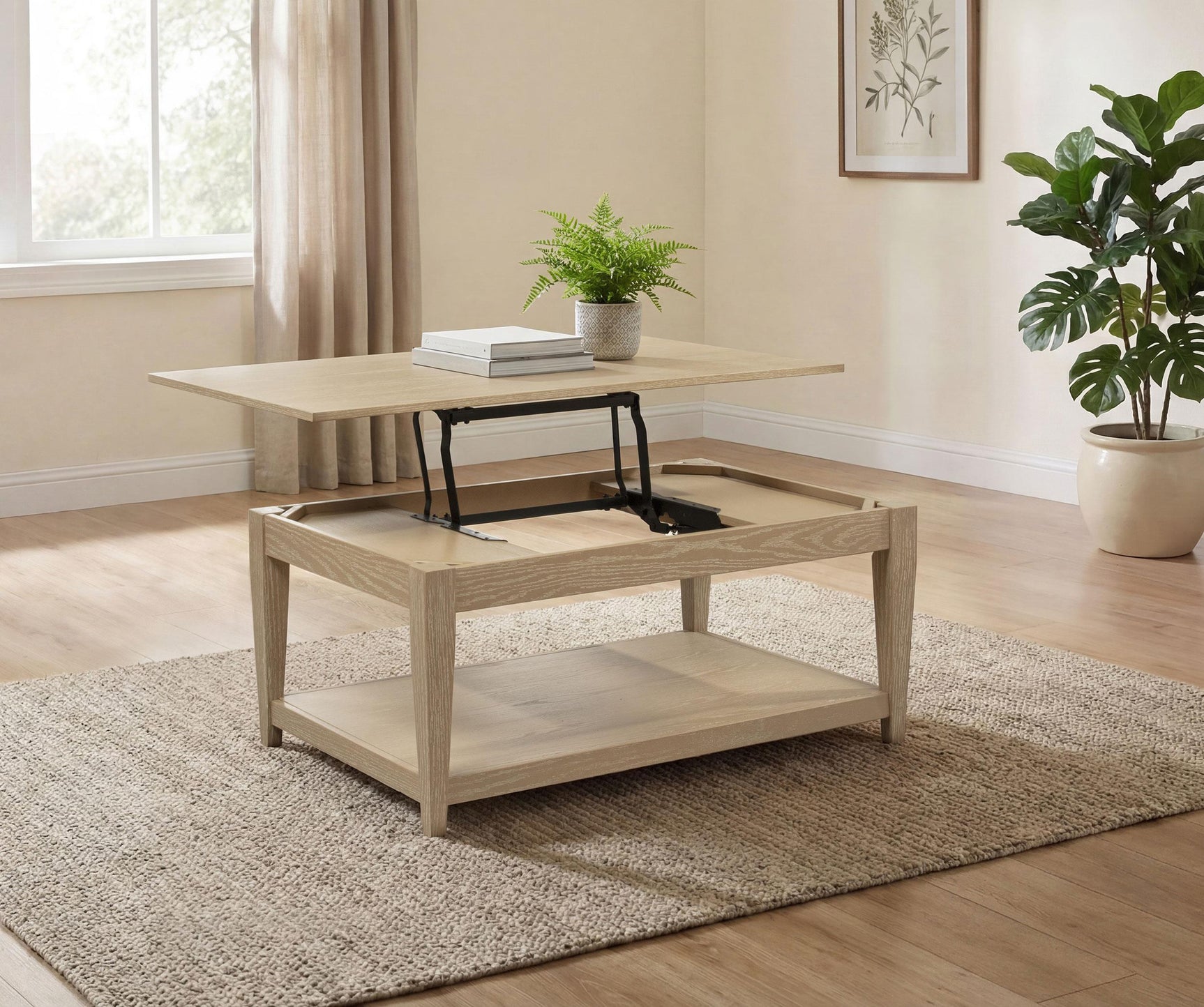 Open lower shelf of Lindenton Lift-Top Coffee Table in blonde oak